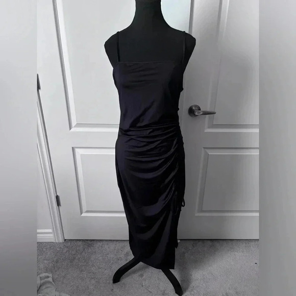 NWOT | Divided H&M | Side-ruched Black Spaghetti Strap Midi Dress | Size L - Picture 2 of 9